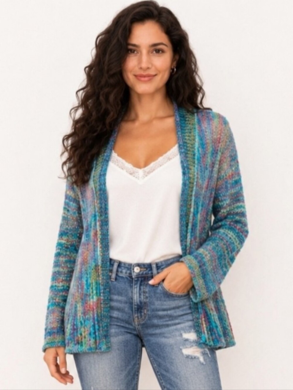 Krazy Kat Blue Multicolor Open Knit Cardigan Lightweight Boho Sweater M